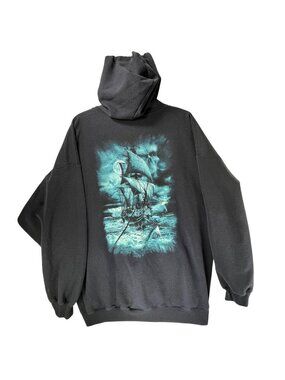 Gildan Sharkys Ocean Shores 2XL Black Hoodie Pirate Ship Graphic Sweatshirt